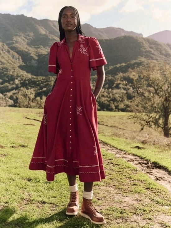 THE GREAT. Dresses & Skirts - THE GREAT. Embroidered Button-Front Midi Dress in Burgundy